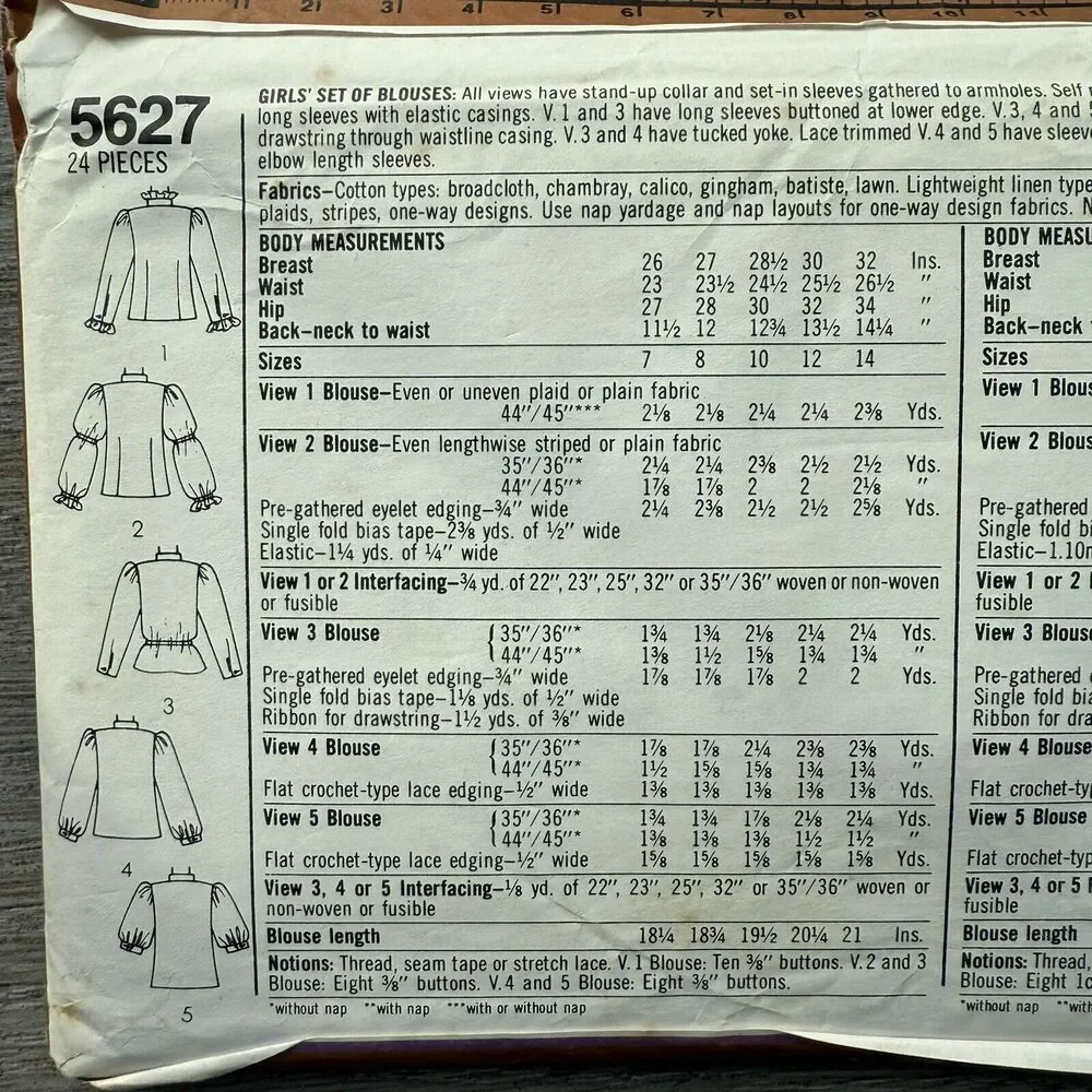 Vintage 80s Simplicity 5627 Sewing Pattern Girls Victorian Blouses Sz 14 UNCUT